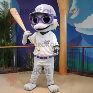 Lavender Swordfish mascot costume character dressed with a Baseball Tee and Sunglasses