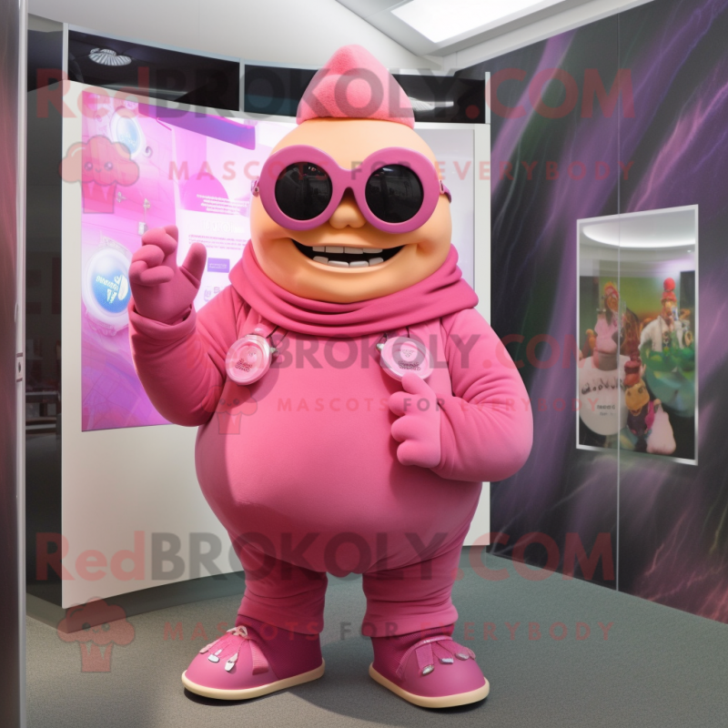 Pink Ogre mascot costume character dressed with a Turtleneck and Sunglasses Pink Ogre mascot costume character dressed with a Turtleneck and Sunglasses