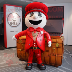 Red Treasure Chest mascot costume character dressed with a Suit Jacket and Berets