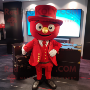 Red Treasure Chest mascot costume character dressed with a Suit Jacket and Berets