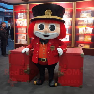 Red Treasure Chest mascot costume character dressed with a Suit Jacket and Berets