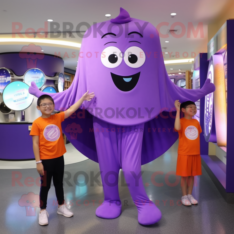 Purple Ray mascot costume character dressed with a Long Sleeve Tee and Coin purses