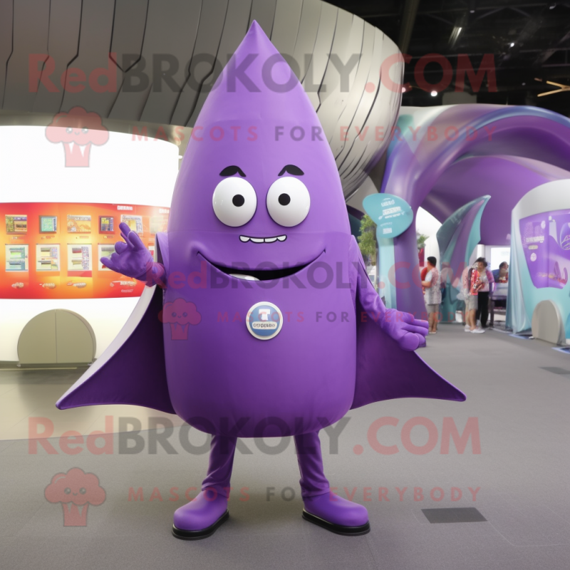 Purple Ray mascot costume character dressed with a Long Sleeve Tee and Coin purses Purple Ray mascot costume character dressed with a Long Sleeve Tee and Coin purses