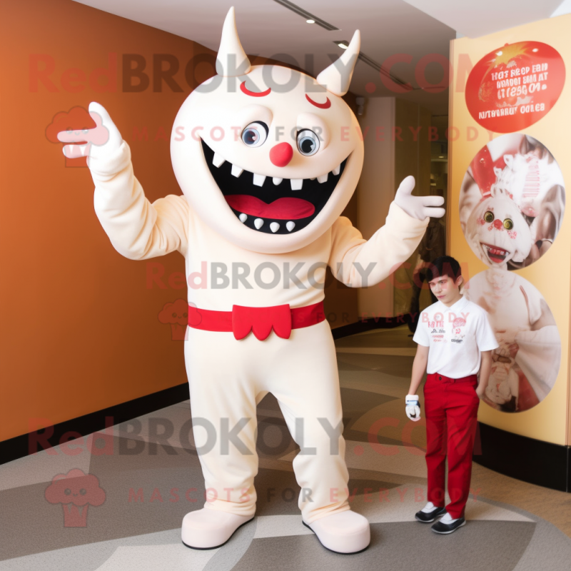 Cream Devil mascot costume character dressed with a Capri Pants and Watches Cream Devil mascot costume character dressed with a Capri Pants and Watches