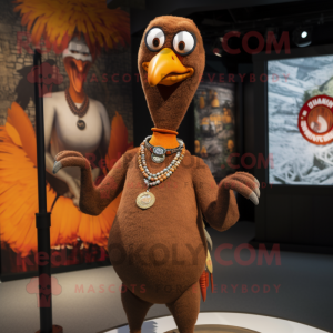Rust Turkey mascot costume character dressed with a Skinny Jeans and Necklaces