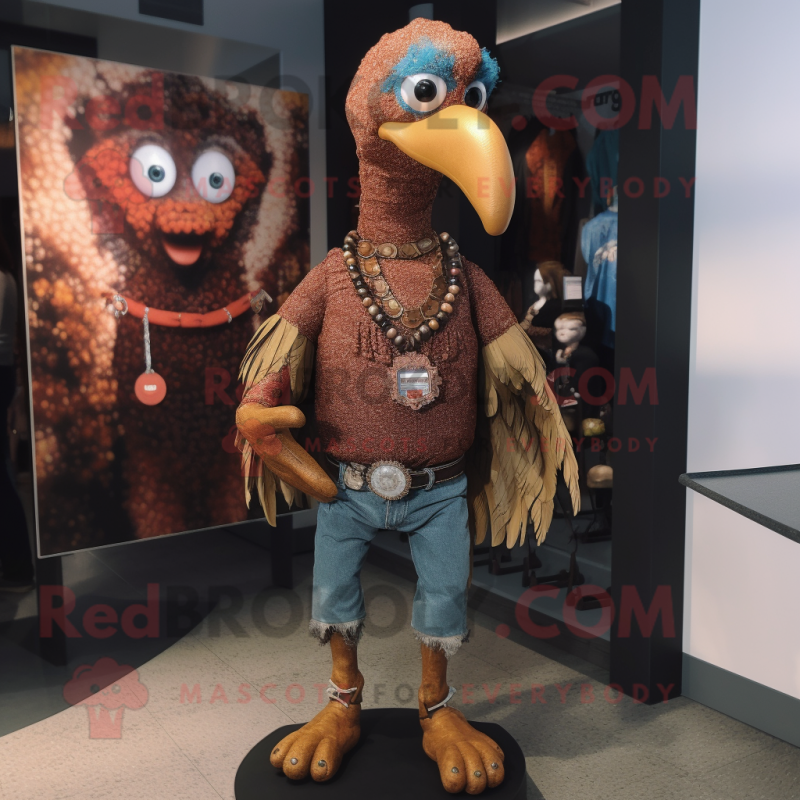 Rust Turkey mascot costume character dressed with a Skinny Jeans and Necklaces