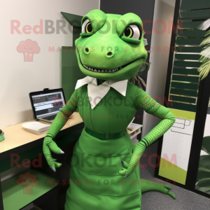 Green Lizard mascot costume character dressed with a Pencil Skirt and Wraps