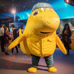 Gold Humpback Whale mascot costume character dressed with a Capri Pants and Beanies