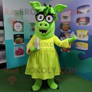 Lime Green Beef Stroganoff mascot costume character dressed with a A-Line Skirt and Eyeglasses