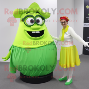 Lime Green Beef Stroganoff mascot costume character dressed with a A-Line Skirt and Eyeglasses