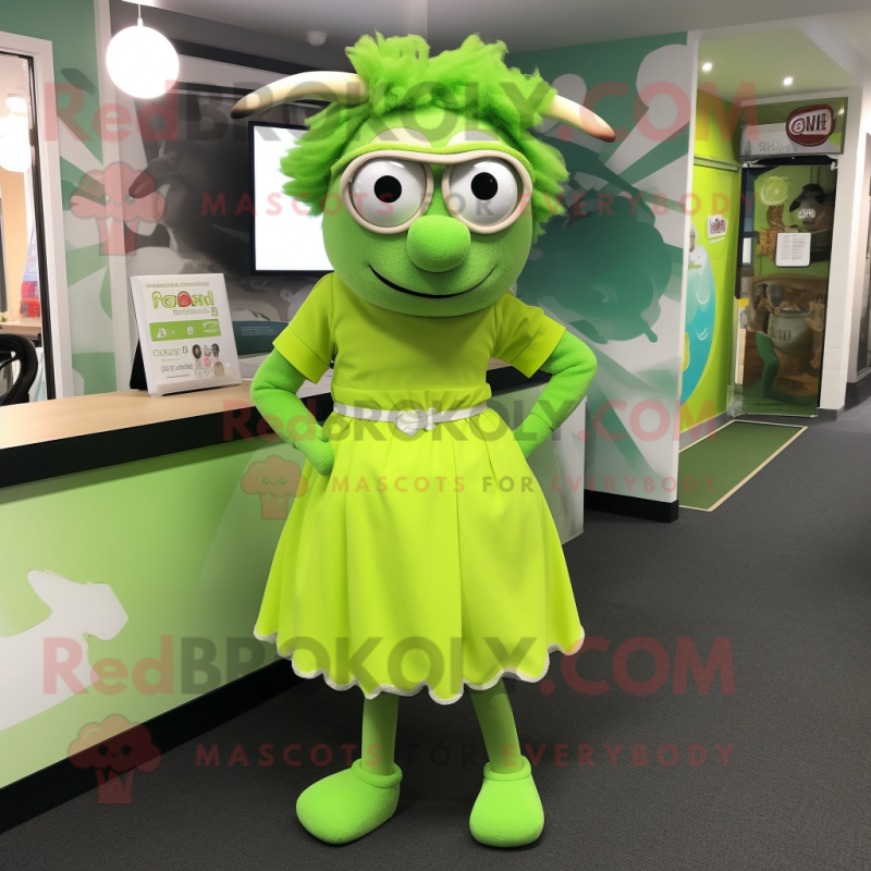 Lime Green Beef Stroganoff mascot costume character dressed with a A-Line Skirt and Eyeglasses