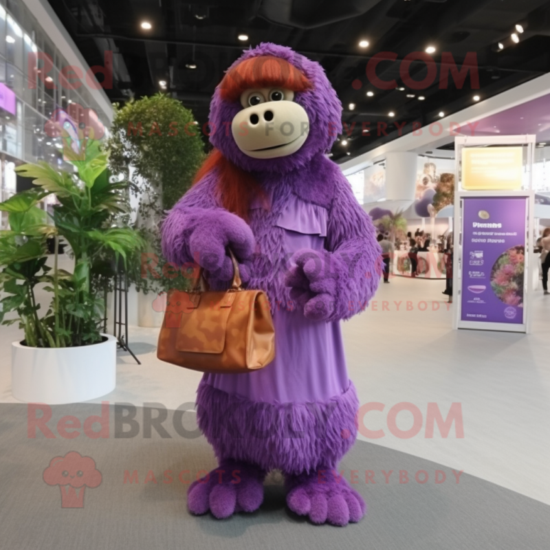 Purple Orangutan mascot costume character dressed with a Maxi Dress and Handbags Purple Orangutan mascot costume character dressed with a Maxi Dress and Handbags
