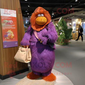 Purple Orangutan mascot costume character dressed with a Maxi Dress and Handbags