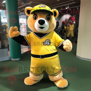 Lemon Yellow Spectacled Bear mascot costume character dressed with a Baseball Tee and Caps