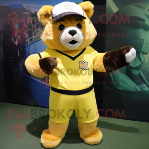 Lemon Yellow Spectacled Bear mascot costume character dressed with a Baseball Tee and Caps