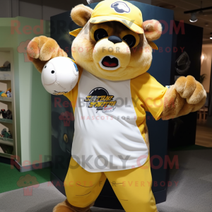 Lemon Yellow Spectacled Bear mascot costume character dressed with a Baseball Tee and Caps