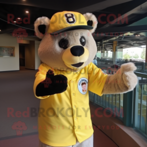 Lemon Yellow Spectacled Bear mascot costume character dressed with a Baseball Tee and Caps