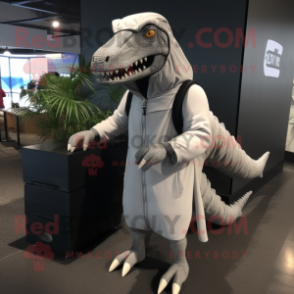 Gray Spinosaurus mascot costume character dressed with a Hoodie and Briefcases