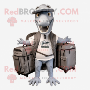 Gray Spinosaurus mascot costume character dressed with a Hoodie and Briefcases