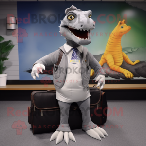 Gray Spinosaurus mascot costume character dressed with a Hoodie and Briefcases