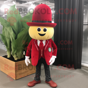 Red Turnip mascot costume character dressed with a Suit Jacket and Shoe laces