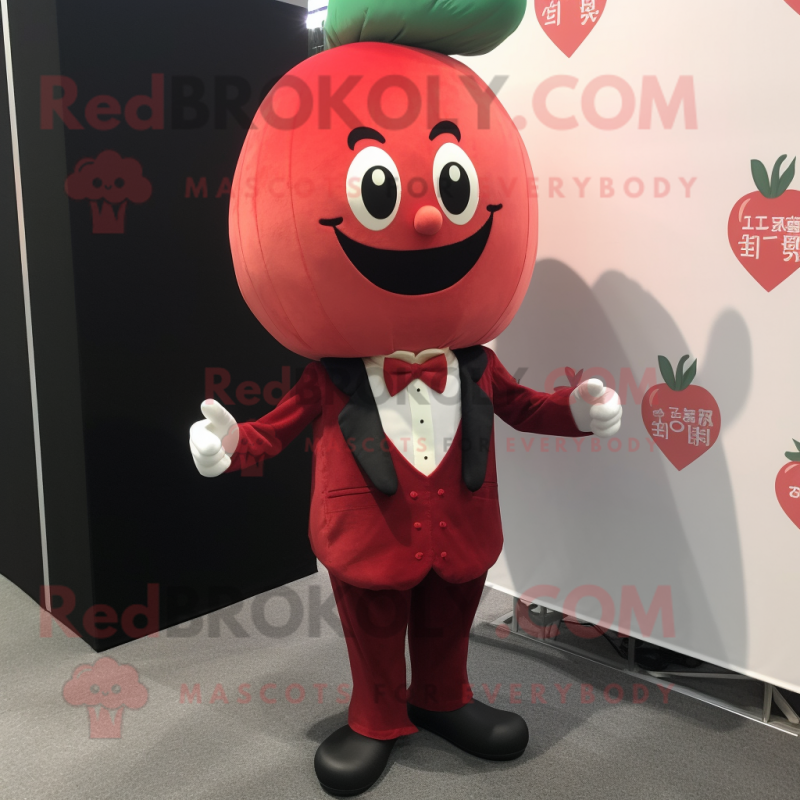 Red Turnip mascot costume character dressed with a Suit Jacket and Shoe laces