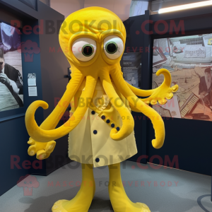 Yellow Kraken mascot costume character dressed with a A-Line Skirt and Cufflinks