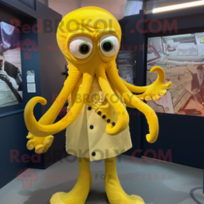 Yellow Kraken mascot costume character dressed with a A-Line Skirt and Cufflinks