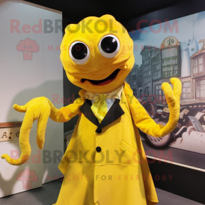 Yellow Kraken mascot costume character dressed with a A-Line Skirt and Cufflinks