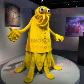 Yellow Kraken mascot costume character dressed with a A-Line Skirt and Cufflinks