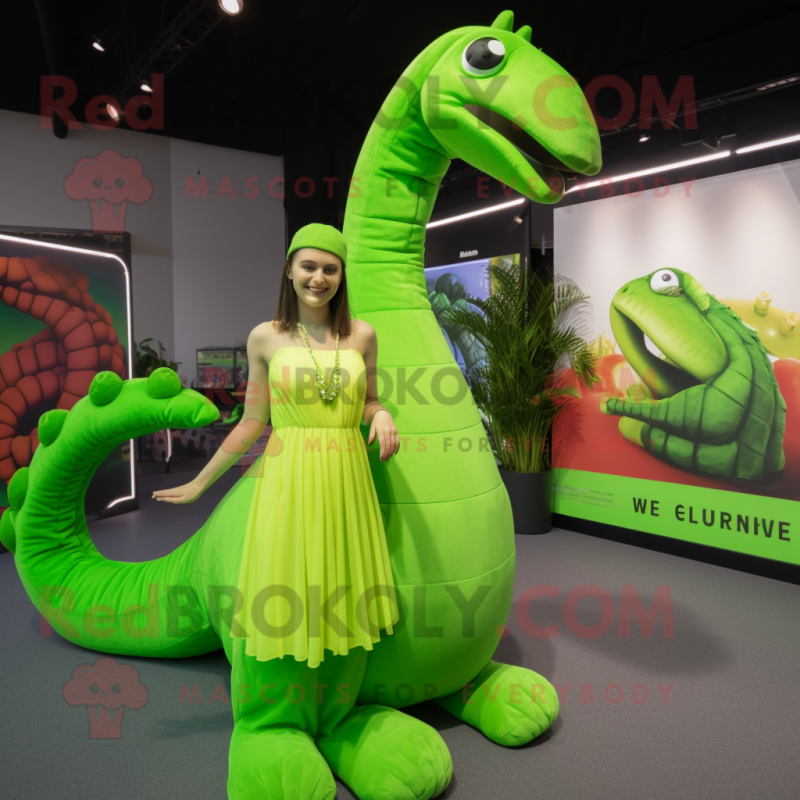 Lime Green Diplodocus mascot costume character dressed with a Wrap Dress and Rings