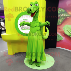 Lime Green Diplodocus mascot costume character dressed with a Wrap Dress and Rings