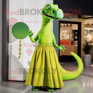Lime Green Diplodocus mascot costume character dressed with a Wrap Dress and Rings