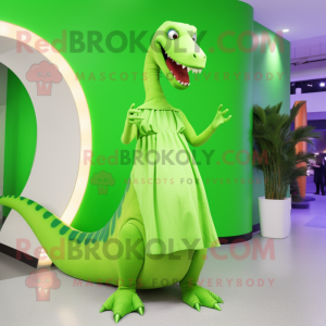 Lime Green Diplodocus mascot costume character dressed with a Wrap Dress and Rings