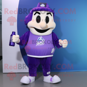 Purple Bottle Of Milk mascot costume character dressed with a Joggers and Scarf clips