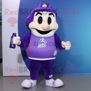 Purple Bottle Of Milk mascot costume character dressed with a Joggers and Scarf clips