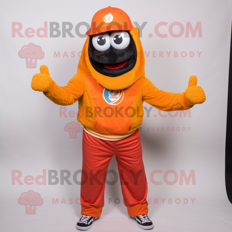 Orange Jambalaya mascot costume character dressed with a Sweatshirt and Ties Orange Jambalaya mascot costume character dressed with a Sweatshirt and Ties