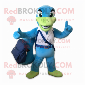 Cyan Snake mascot costume character dressed with a Oxford Shirt and Messenger bags