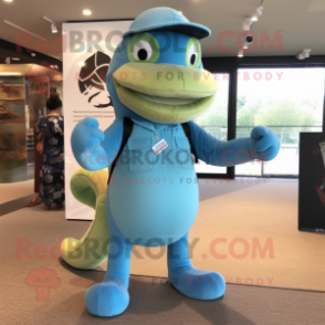 Cyan Snake mascot costume character dressed with a Oxford Shirt and Messenger bags