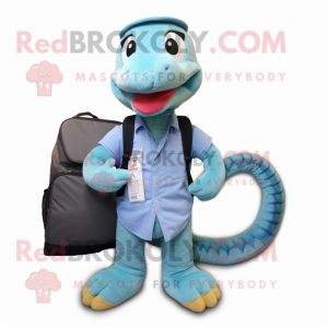 Cyan Snake mascot costume character dressed with a Oxford Shirt and Messenger bags