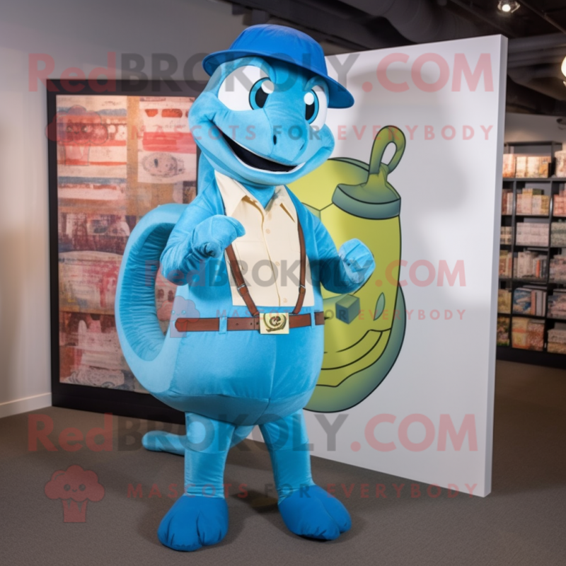 Cyan Snake mascot costume character dressed with a Oxford Shirt and Messenger bags