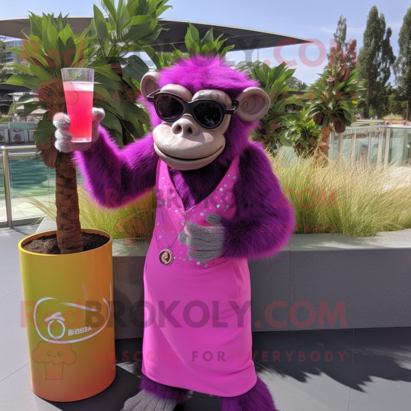 Magenta Chimpanzee mascot costume character dressed with a Cocktail Dress and Sunglasses