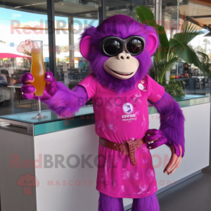 Magenta Chimpanzee mascot costume character dressed with a Cocktail Dress and Sunglasses