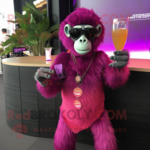 Magenta Chimpanzee mascot costume character dressed with a Cocktail Dress and Sunglasses