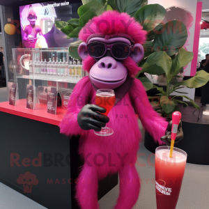 Magenta Chimpanzee mascot costume character dressed with a Cocktail Dress and Sunglasses