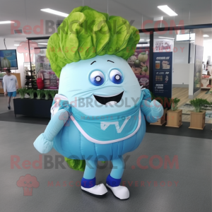 Sky Blue Corned Beef And Cabbage mascot costume character dressed with a Jeggings and Backpacks