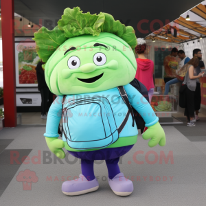 Sky Blue Corned Beef And Cabbage mascot costume character dressed with a Jeggings and Backpacks