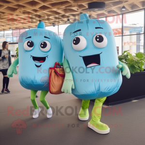 Sky Blue Corned Beef And Cabbage mascot costume character dressed with a Jeggings and Backpacks