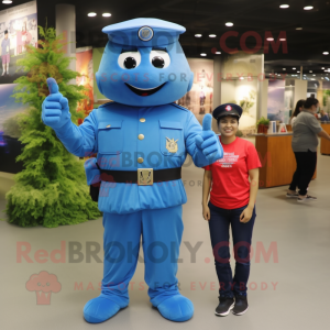 Blue Army Soldier mascot costume character dressed with a Mom Jeans and Bracelet watches
