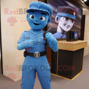 Blue Army Soldier mascot costume character dressed with a Mom Jeans and Bracelet watches